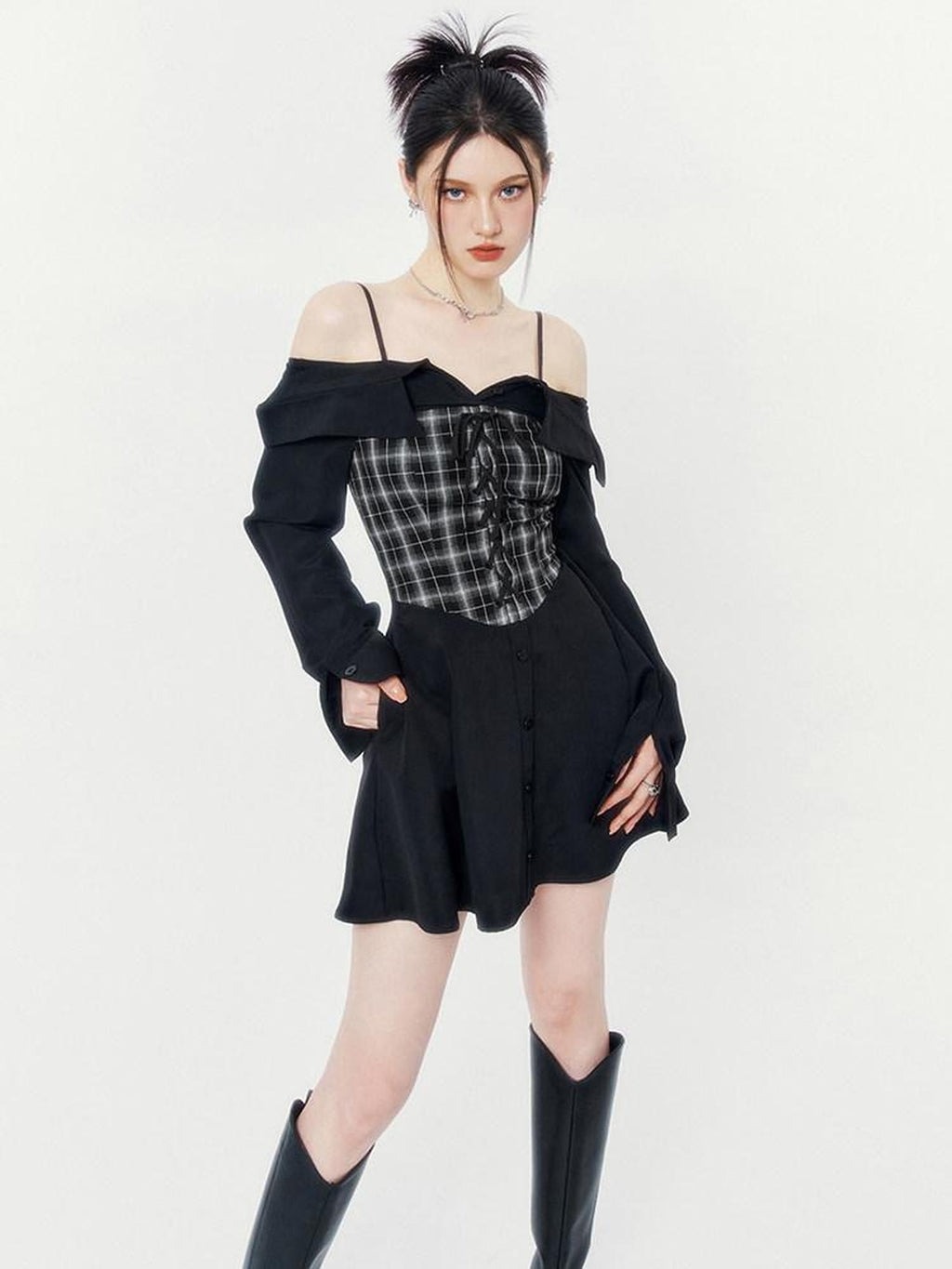 VOCK Black Grey Plaid Square Neck Faux Two Piece Shirt Women's Slip Mini Dresses
