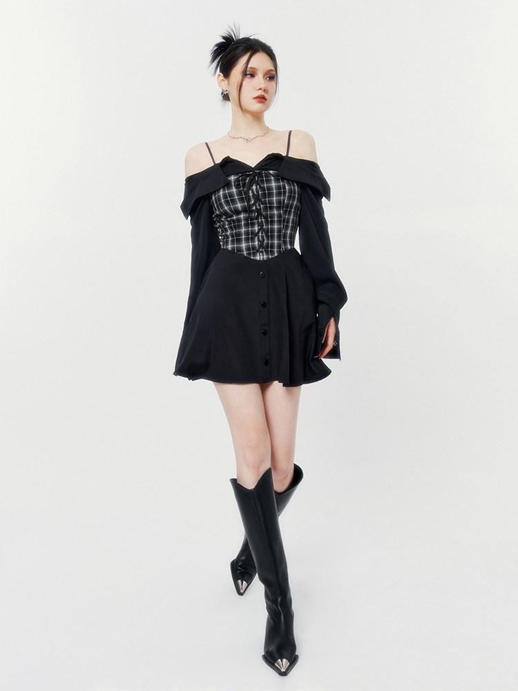 VOCK Black Grey Plaid Square Neck Faux Two Piece Shirt Women's Slip Mini Dresses