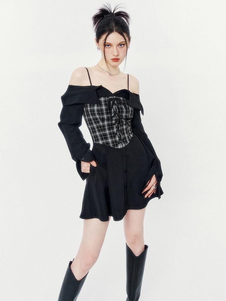 VOCK Black Grey Plaid Square Neck Faux Two Piece Shirt Women's Slip Mini Dresses