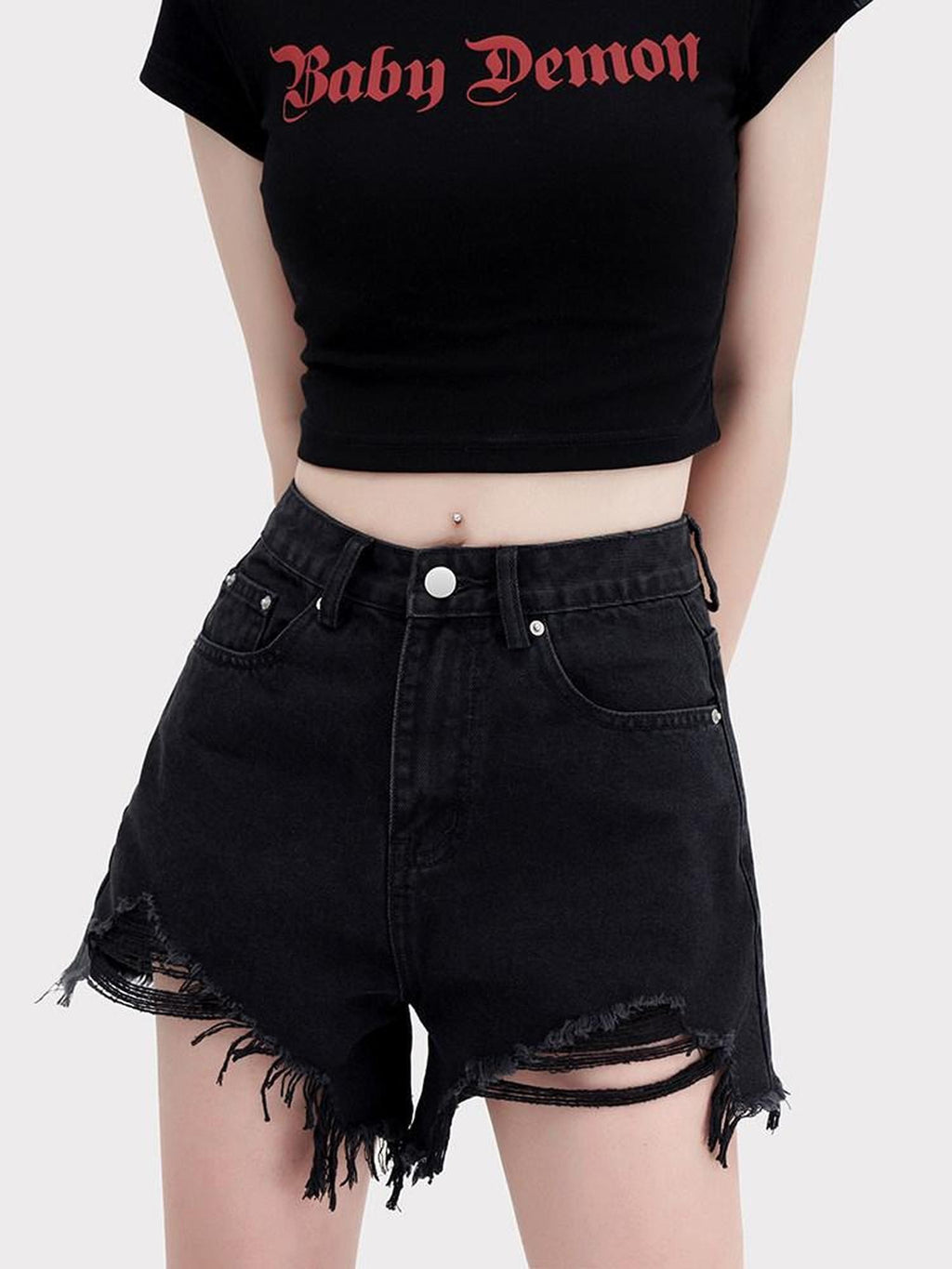 VOCK Black High Waist Slim Fit Ripped Frayed Hem Women's Denim Shorts
