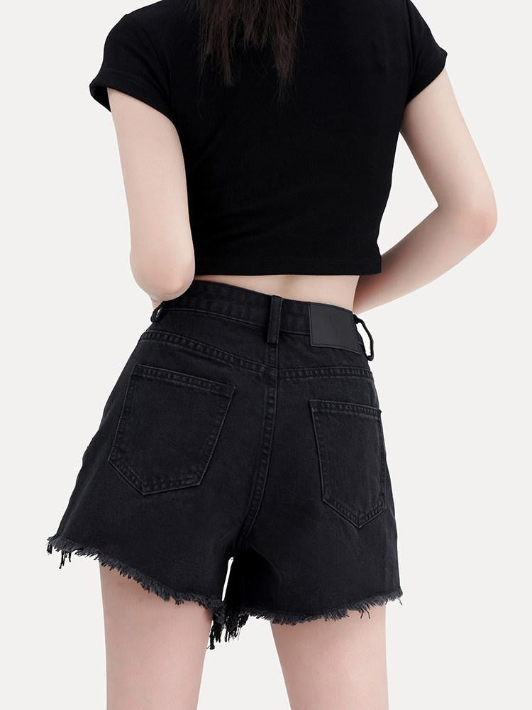 VOCK Black High Waist Slim Fit Ripped Frayed Hem Women's Denim Shorts
