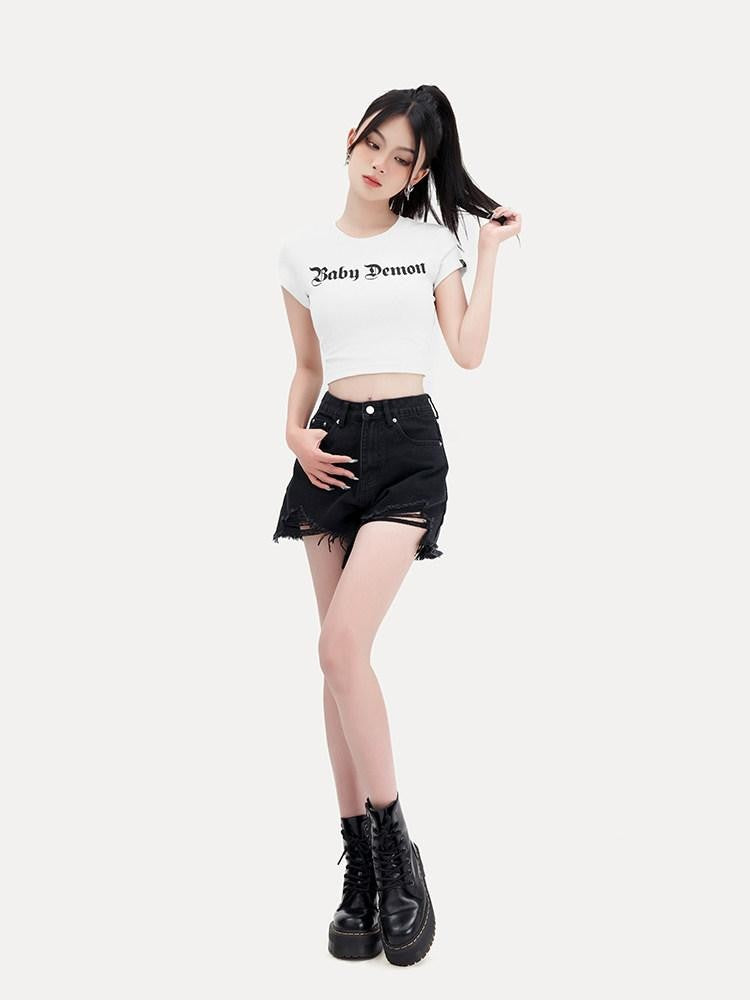 VOCK Black High Waist Slim Fit Ripped Frayed Hem Women's Denim Shorts