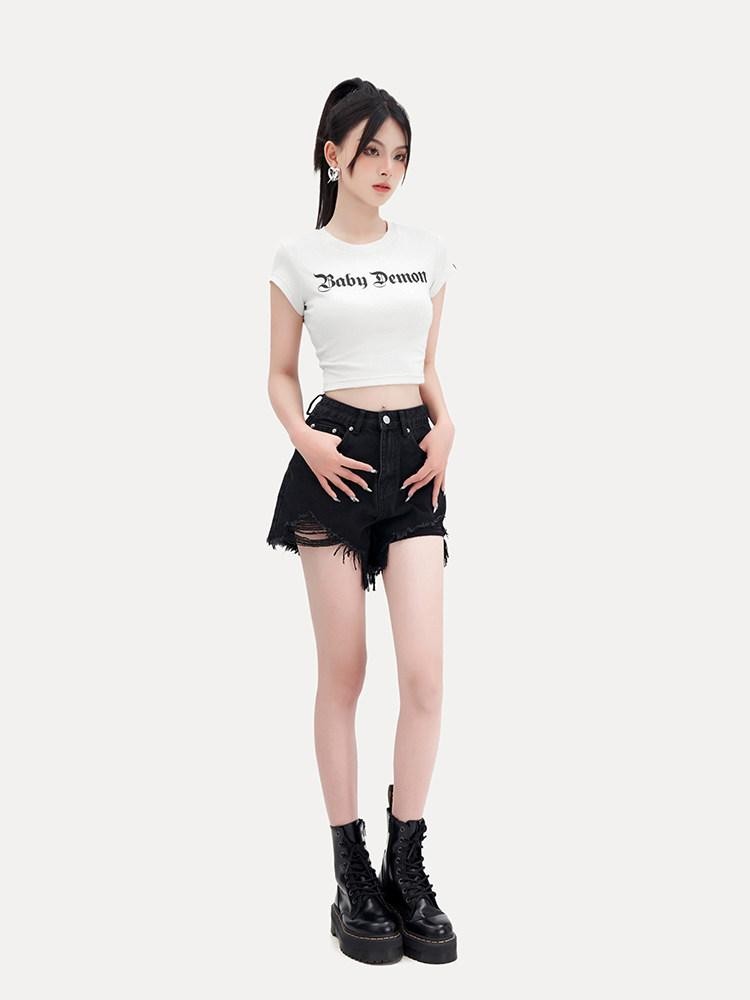 VOCK Black High Waist Slim Fit Ripped Frayed Hem Women's Denim Shorts
