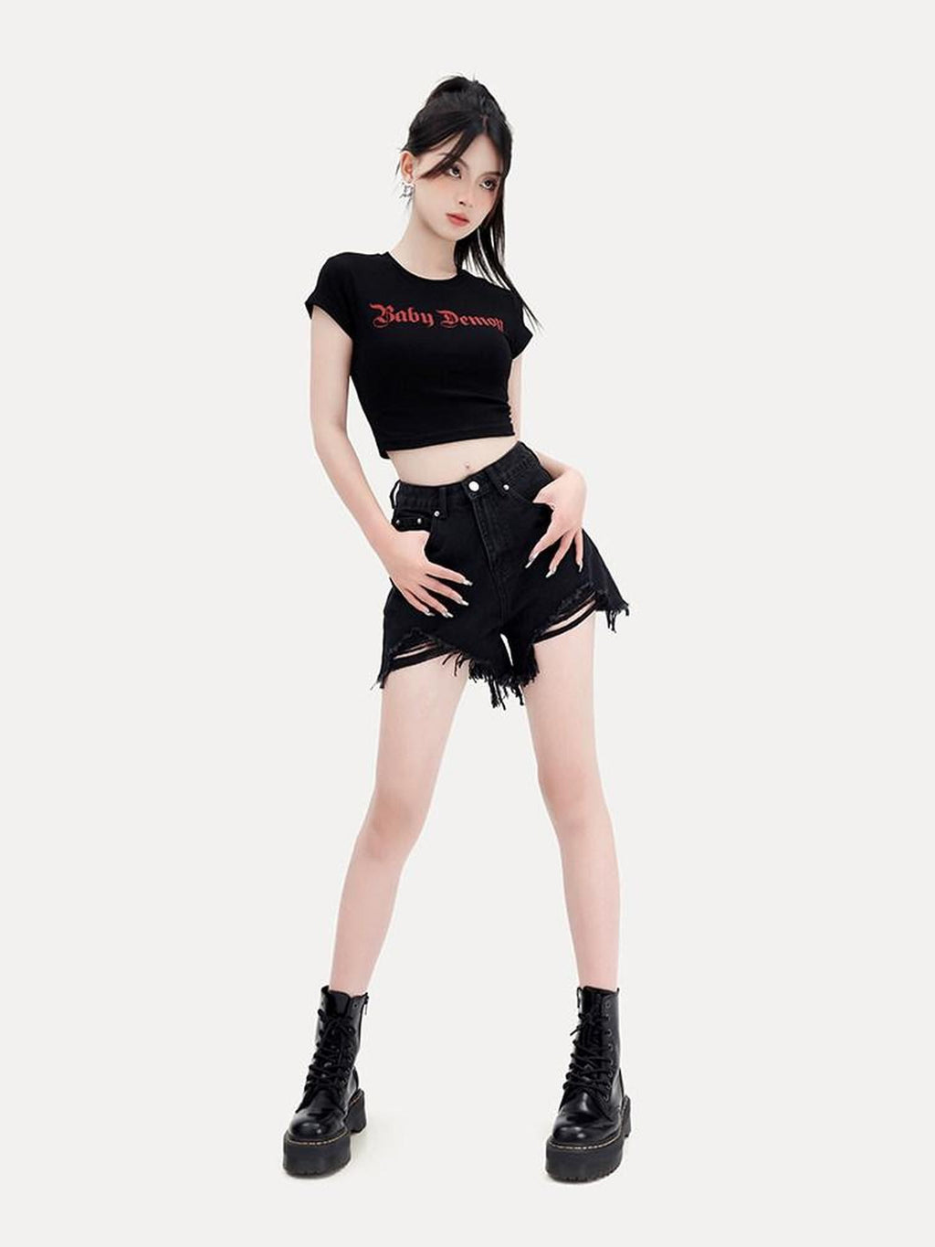VOCK Black High Waist Slim Fit Ripped Frayed Hem Women's Denim Shorts