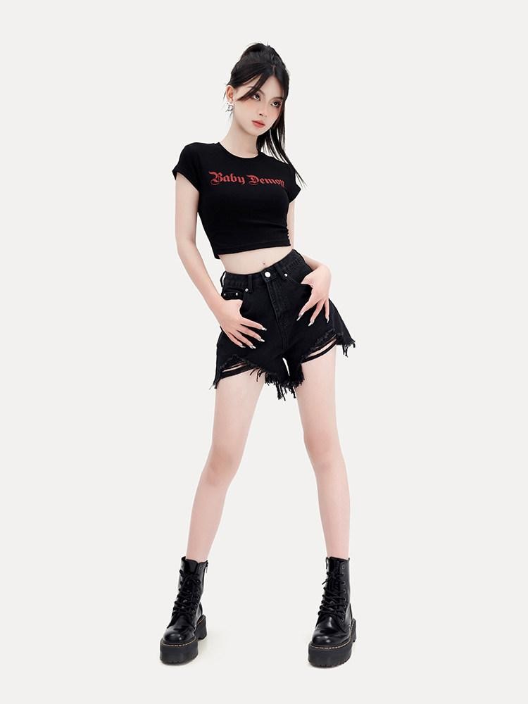 VOCK Black High Waist Slim Fit Ripped Frayed Hem Women's Denim Shorts
