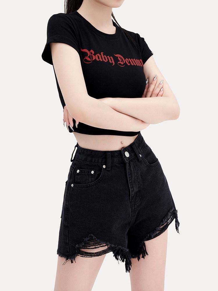 VOCK Black High Waist Slim Fit Ripped Frayed Hem Women's Denim Shorts