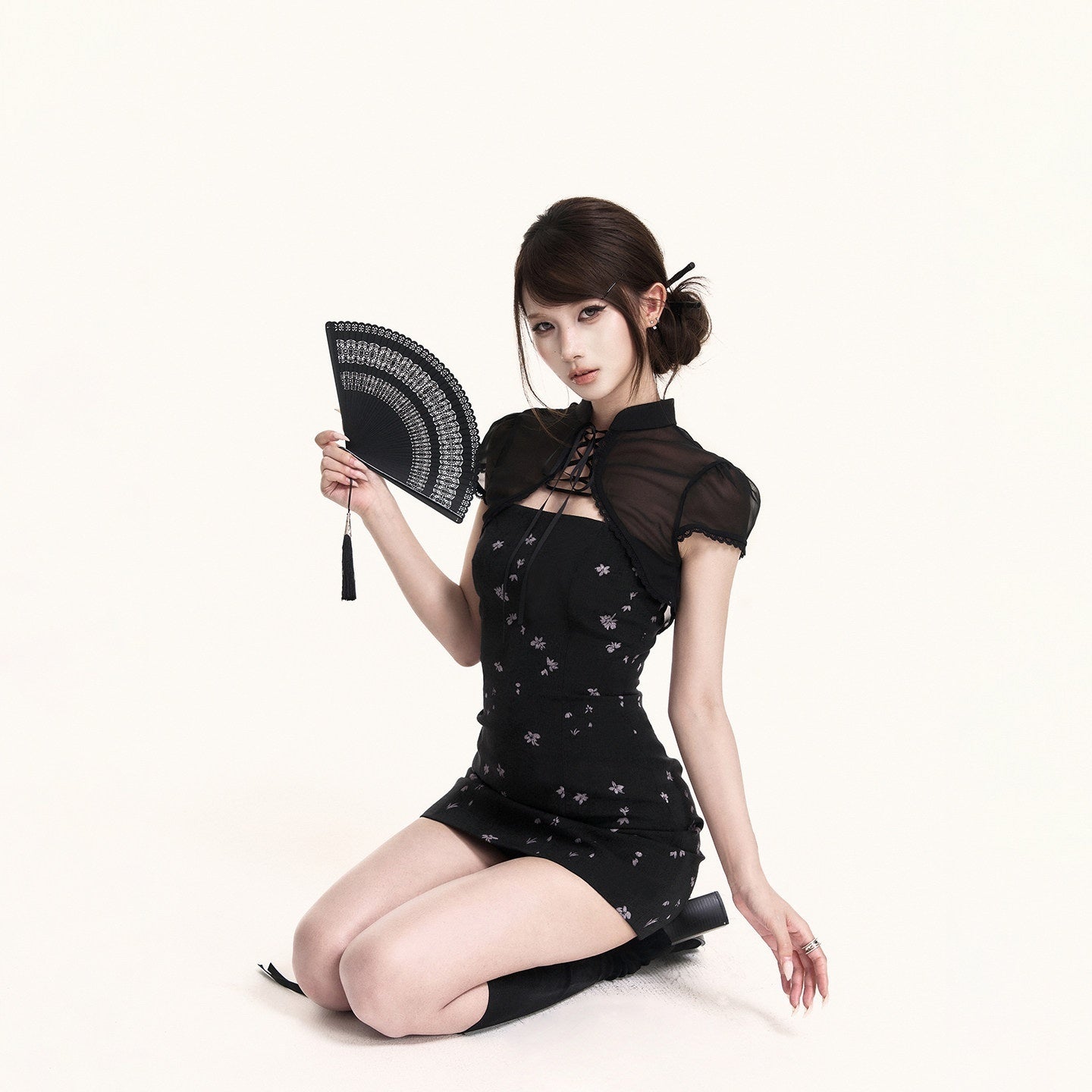 VOCK_Black_Iris_Print_Puff_Sleeve_Two_Piece_Women's_Poly_Blend_Cheongsam_Dresses_1055478464649_MISSTT