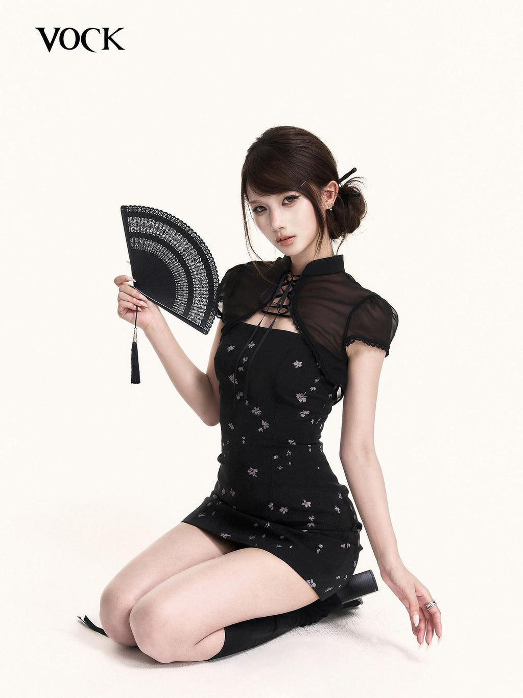VOCK Black Iris Print Puff Sleeve Two Piece Women's Poly Blend Cheongsam Dresses