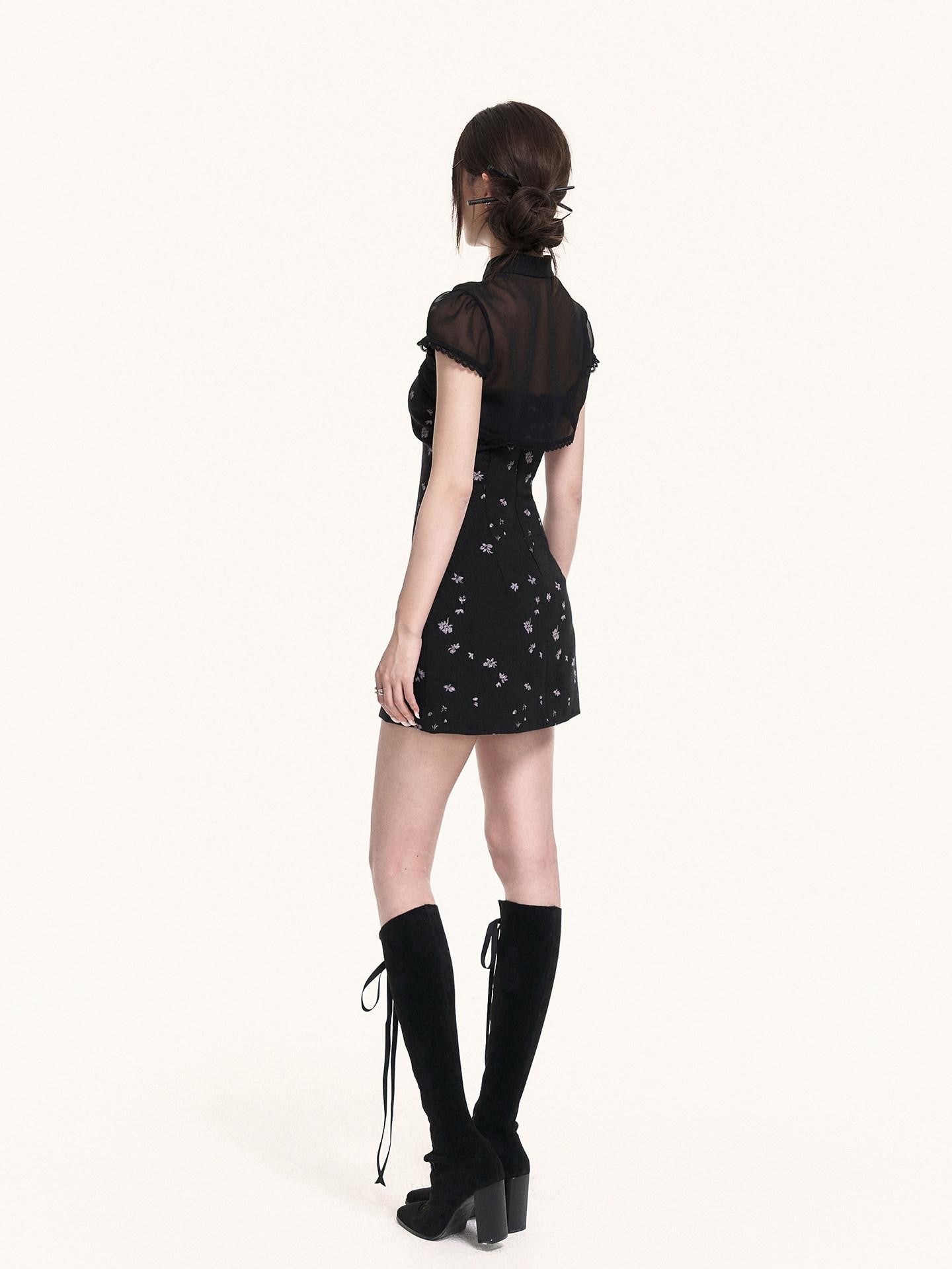 VOCK Black Iris Print Puff Sleeve Two Piece Women's Poly Blend Cheongsam Dresses