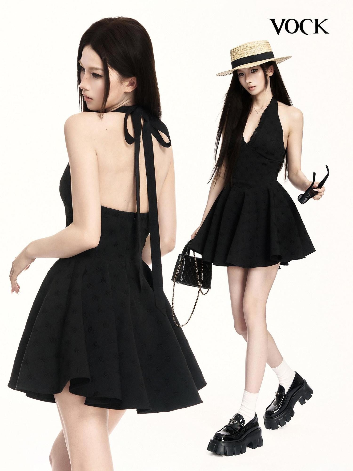 VOCK Black Lace V-neck A Line Women's Polyester Halter Mini Dresses