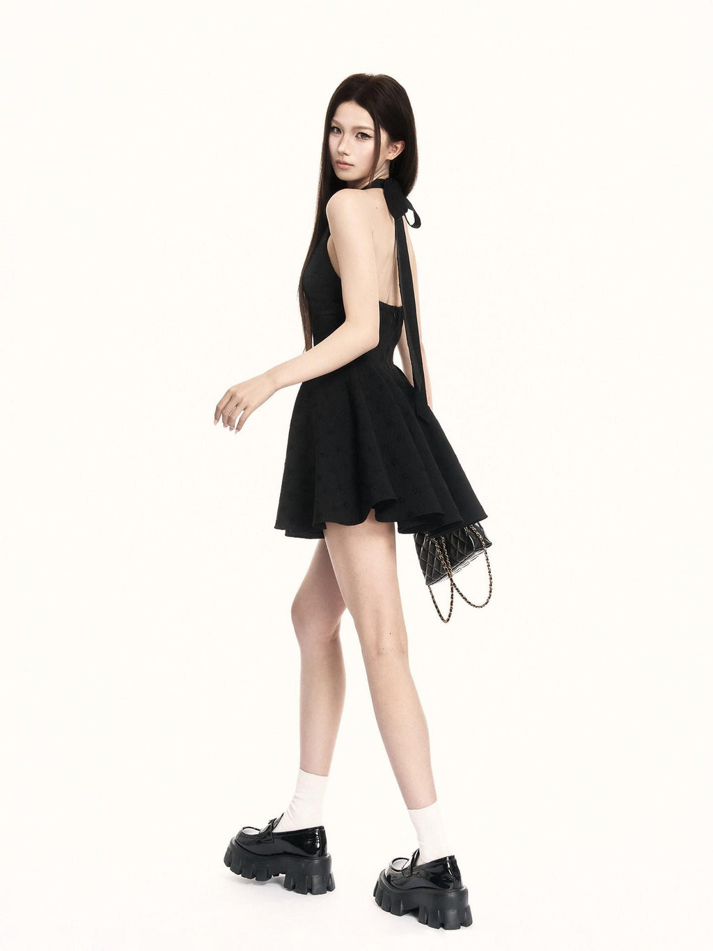 VOCK Black Lace V-neck A Line Women's Polyester Halter Mini Dresses