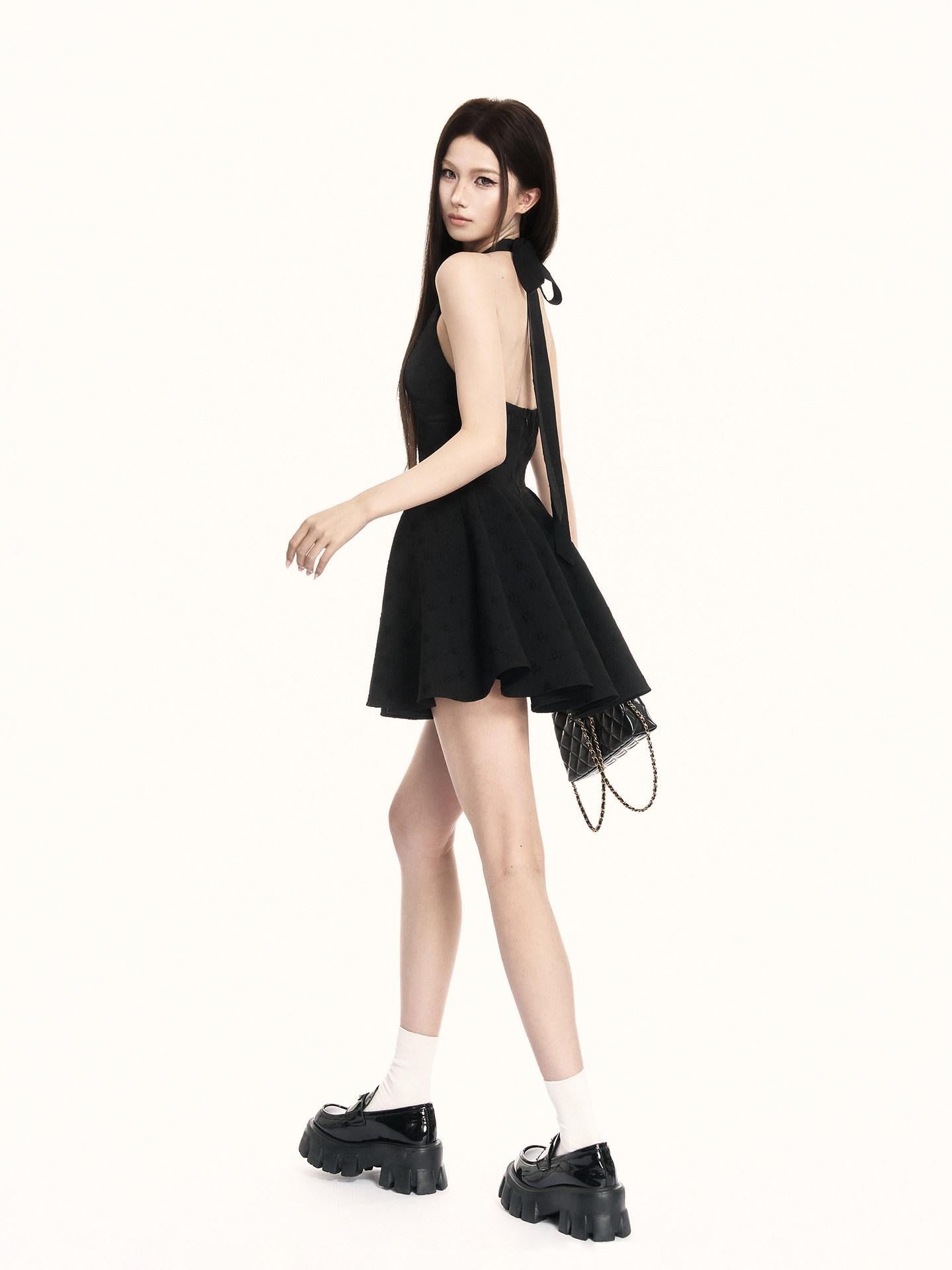 VOCK Black Lace V-neck A Line Women's Polyester Halter Mini Dresses