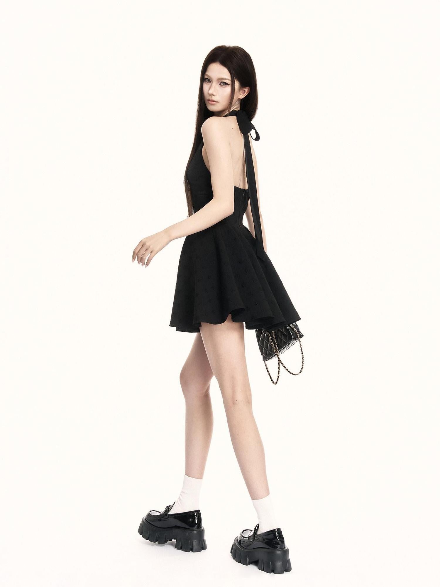 VOCK Black Lace V-neck A Line Women's Polyester Halter Mini Dresses