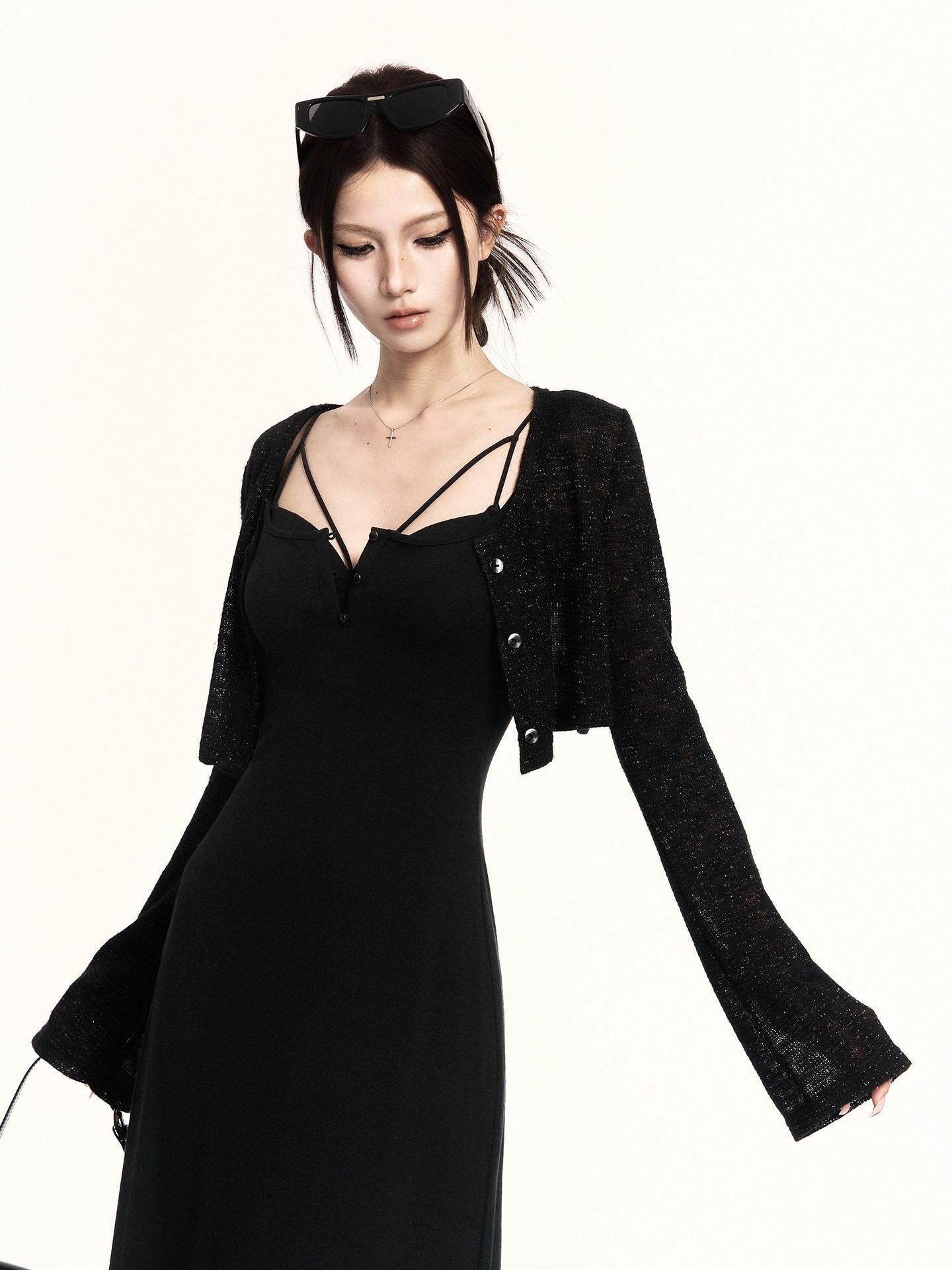 VOCK Black Minimalist Short Knit Bell Sleeve Women's Polyester Blend Boleros & Shrugs