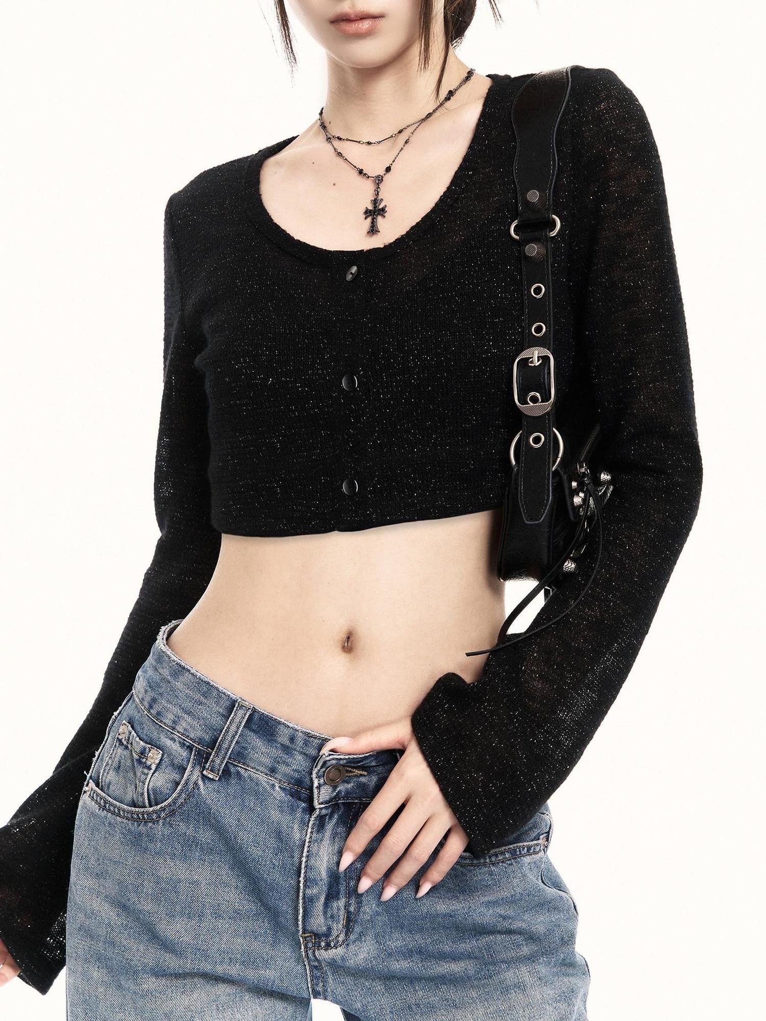 VOCK Black Minimalist Short Knit Bell Sleeve Women's Polyester Blend Boleros & Shrugs