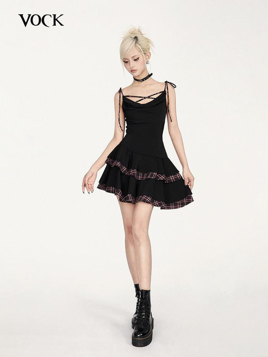 VOCK Black Pink Patchwork Plaid Cowl Puff Women's Polyester Slip Mini Dresses