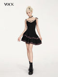 VOCK Black Pink Patchwork Plaid Cowl Puff Women's Polyester Slip Mini Dresses