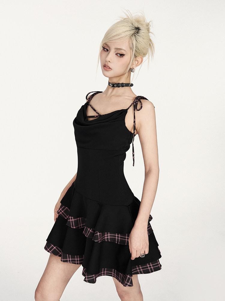 VOCK Black Pink Patchwork Plaid Cowl Puff Women's Polyester Slip Mini Dresses