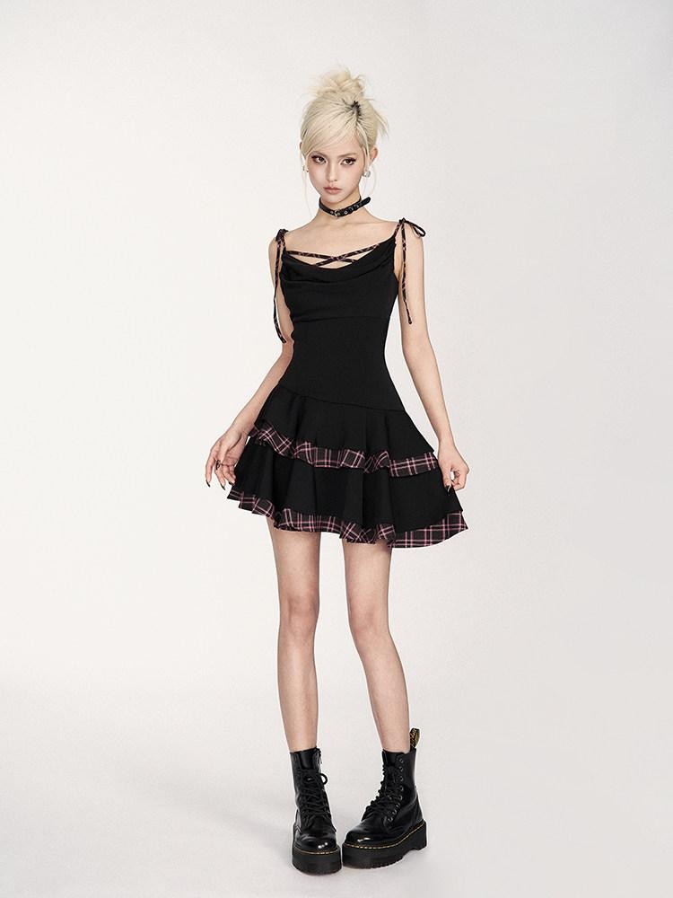 VOCK Black Pink Patchwork Plaid Cowl Puff Women's Polyester Slip Mini Dresses