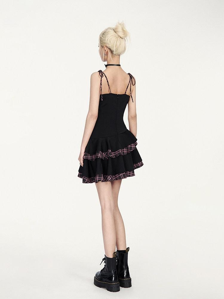 VOCK Black Pink Patchwork Plaid Cowl Puff Women's Polyester Slip Mini Dresses
