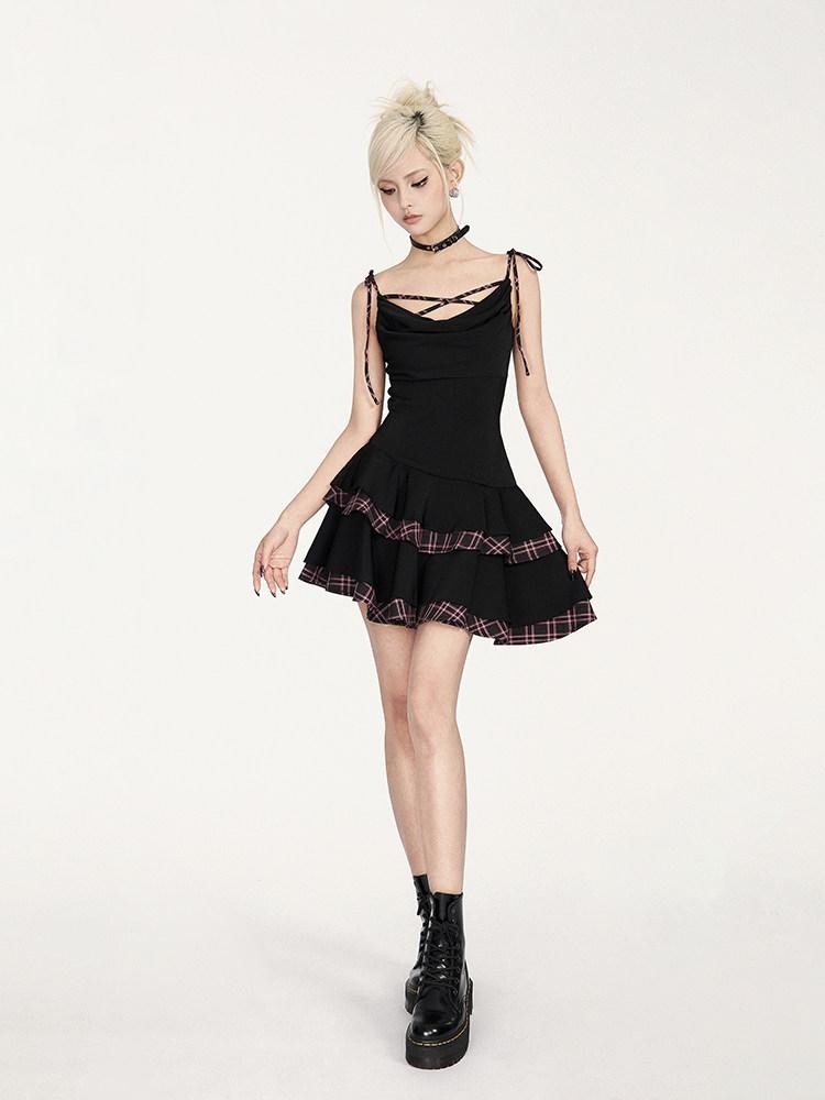 VOCK Black Pink Patchwork Plaid Cowl Puff Women's Polyester Slip Mini Dresses