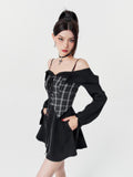 VOCK Black Plaid Faux Two Piece Waist Cinched Women's Slip Mini Dresses