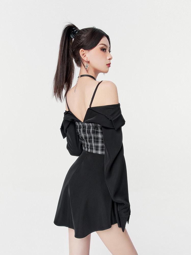 VOCK Black Plaid Faux Two Piece Waist Cinched Women's Slip Mini Dresses