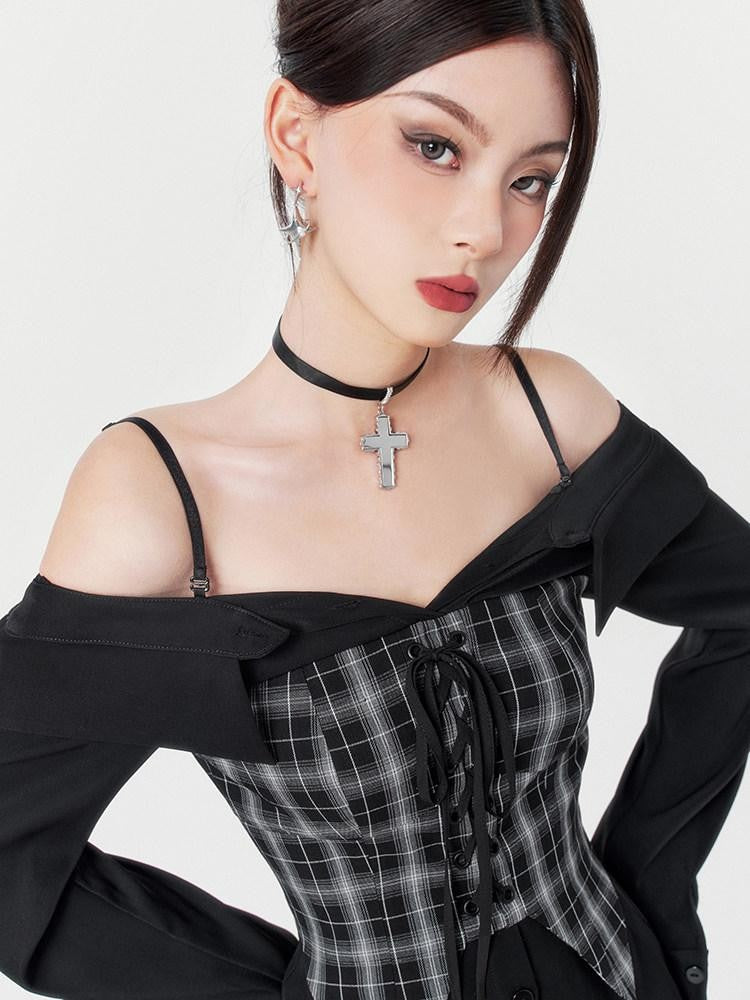 VOCK Black Plaid Faux Two Piece Waist Cinched Women's Slip Mini Dresses