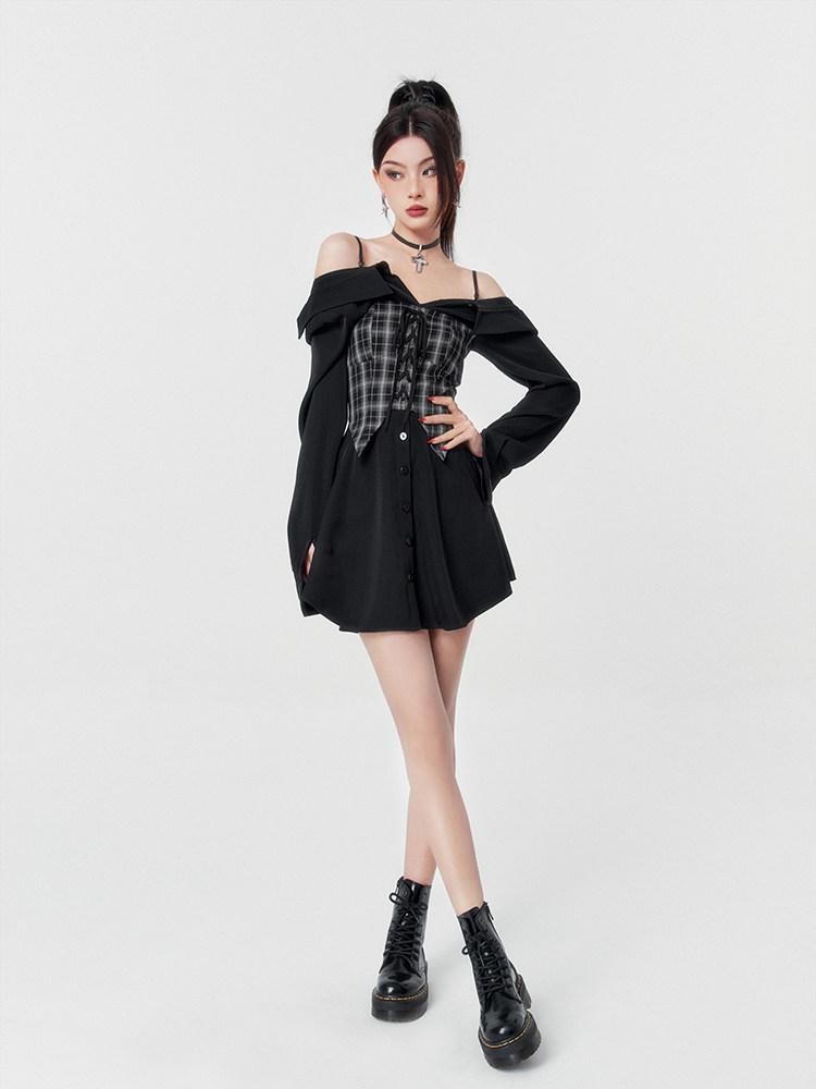 VOCK Black Plaid Faux Two Piece Waist Cinched Women's Slip Mini Dresses