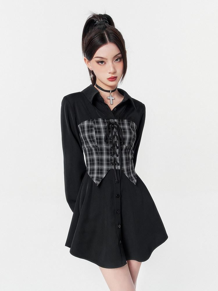 VOCK Black Plaid Faux Two Piece Waist Cinched Women's Slip Mini Dresses