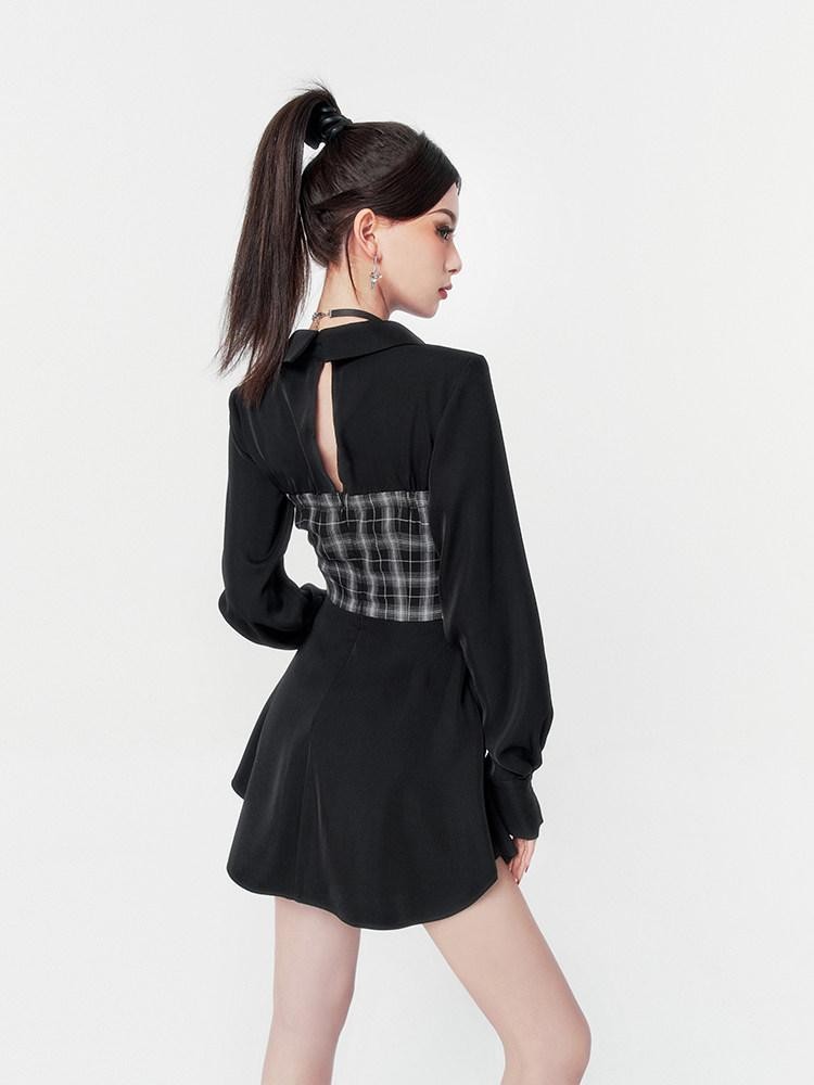 VOCK Black Plaid Faux Two Piece Waist Cinched Women's Slip Mini Dresses