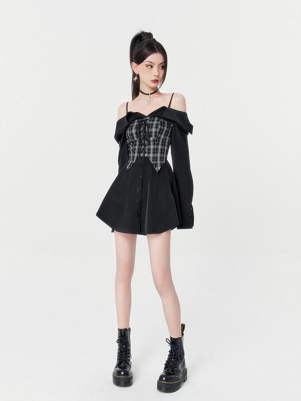 VOCK Black Plaid Faux Two Piece Waist Cinched Women's Slip Mini Dresses