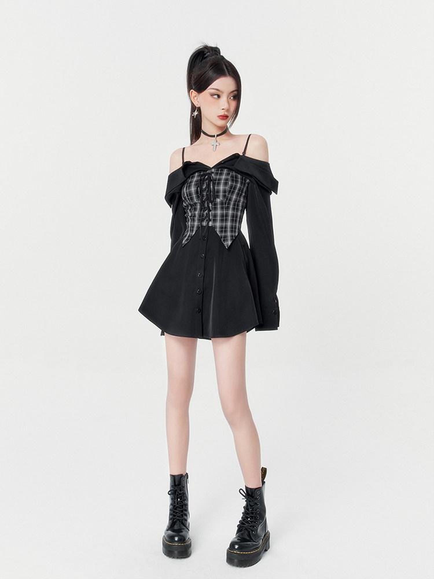VOCK Black Plaid Faux Two Piece Waist Cinched Women's Slip Mini Dresses