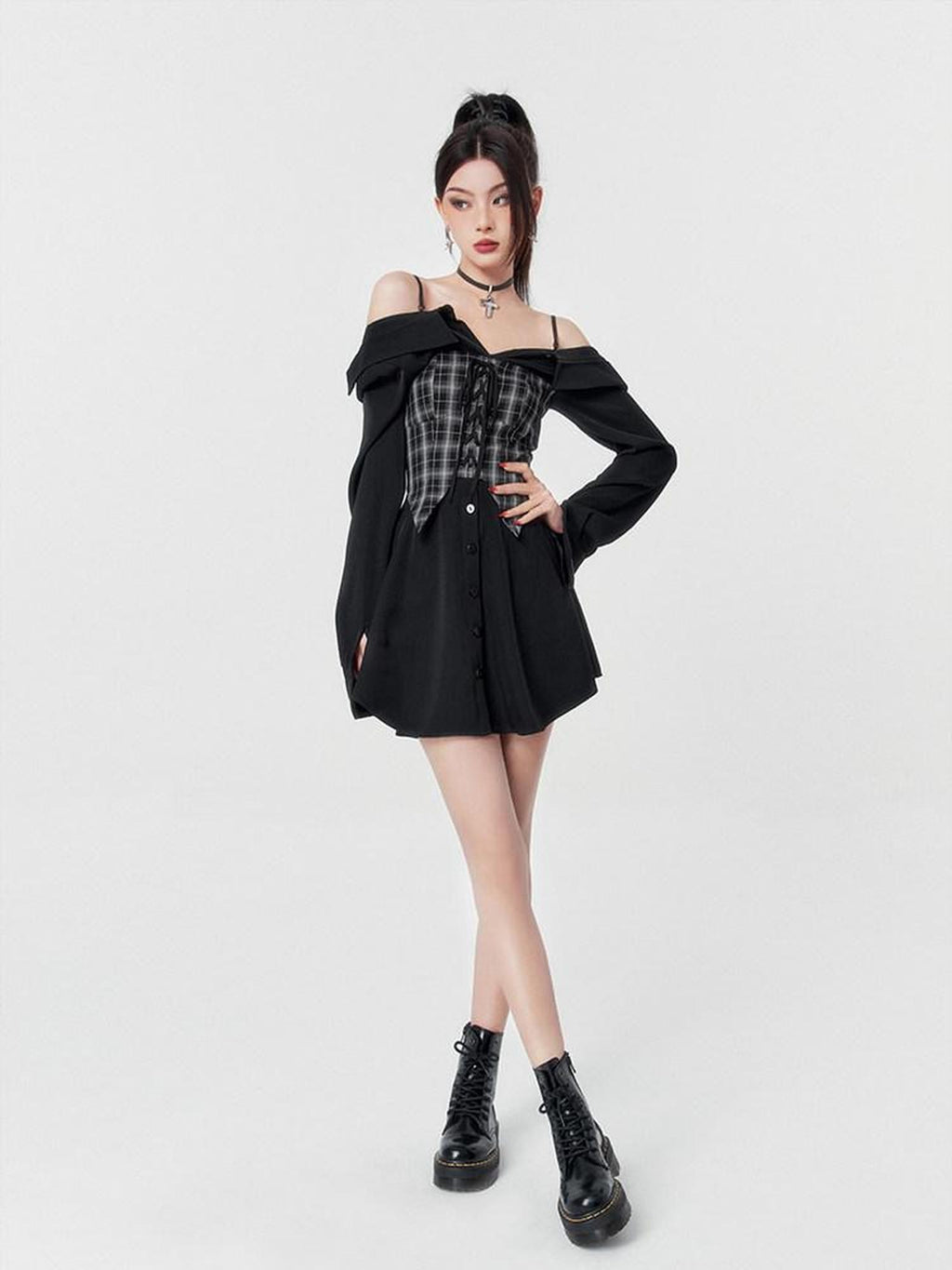 VOCK Black Plaid Faux Two Piece Waist Cinched Women's Slip Mini Dresses