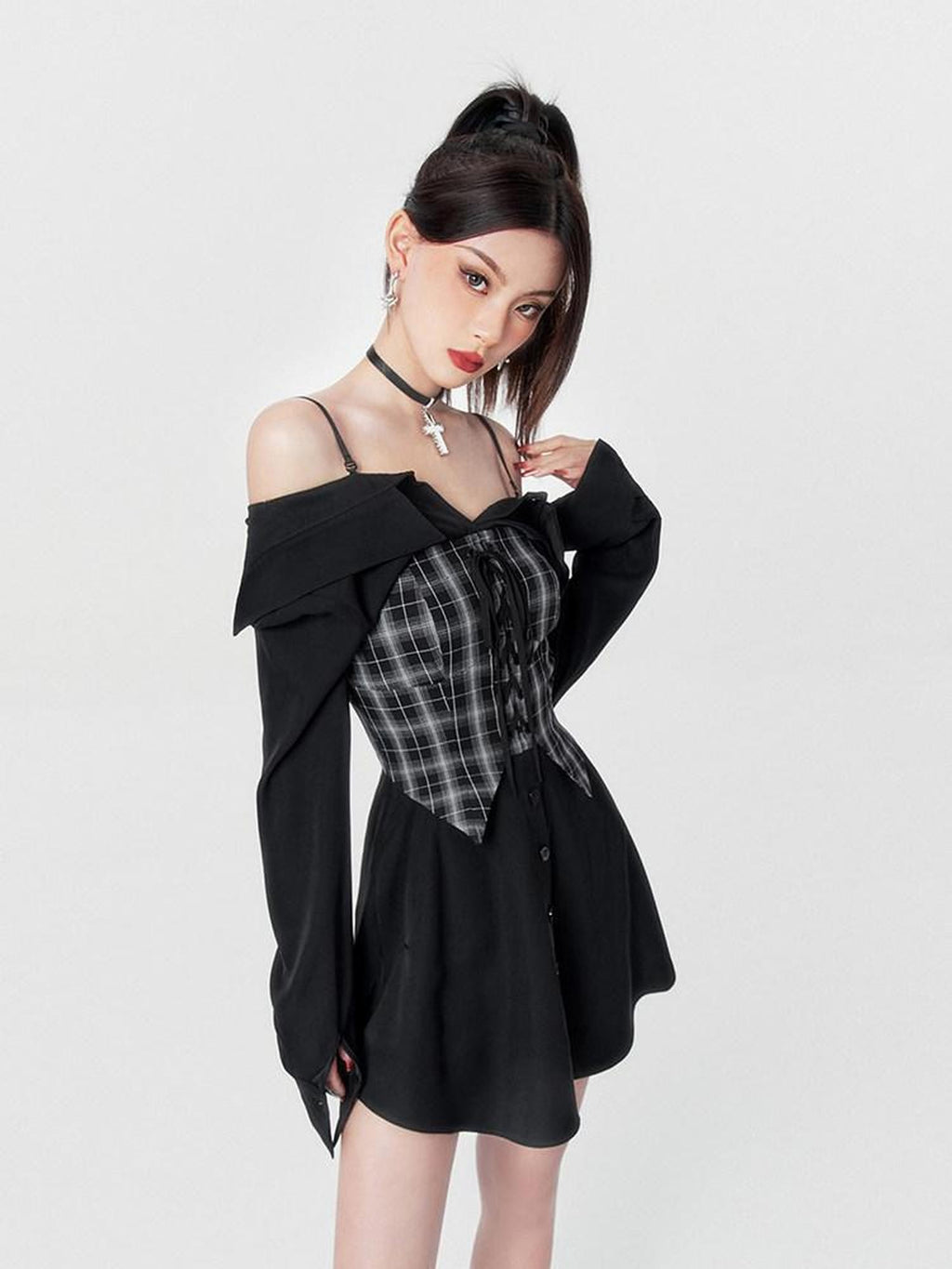 VOCK Black Plaid Faux Two Piece Waist Cinched Women's Slip Mini Dresses