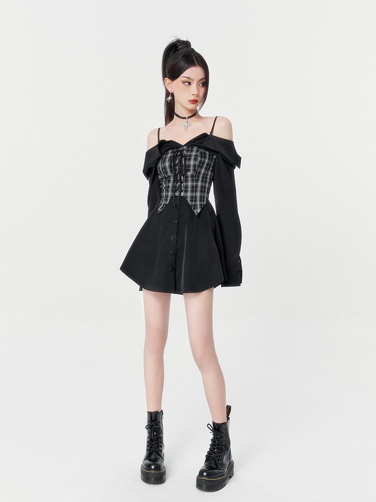 VOCK Black Plaid Faux Two Piece Waist Cinched Women's Slip Mini Dresses