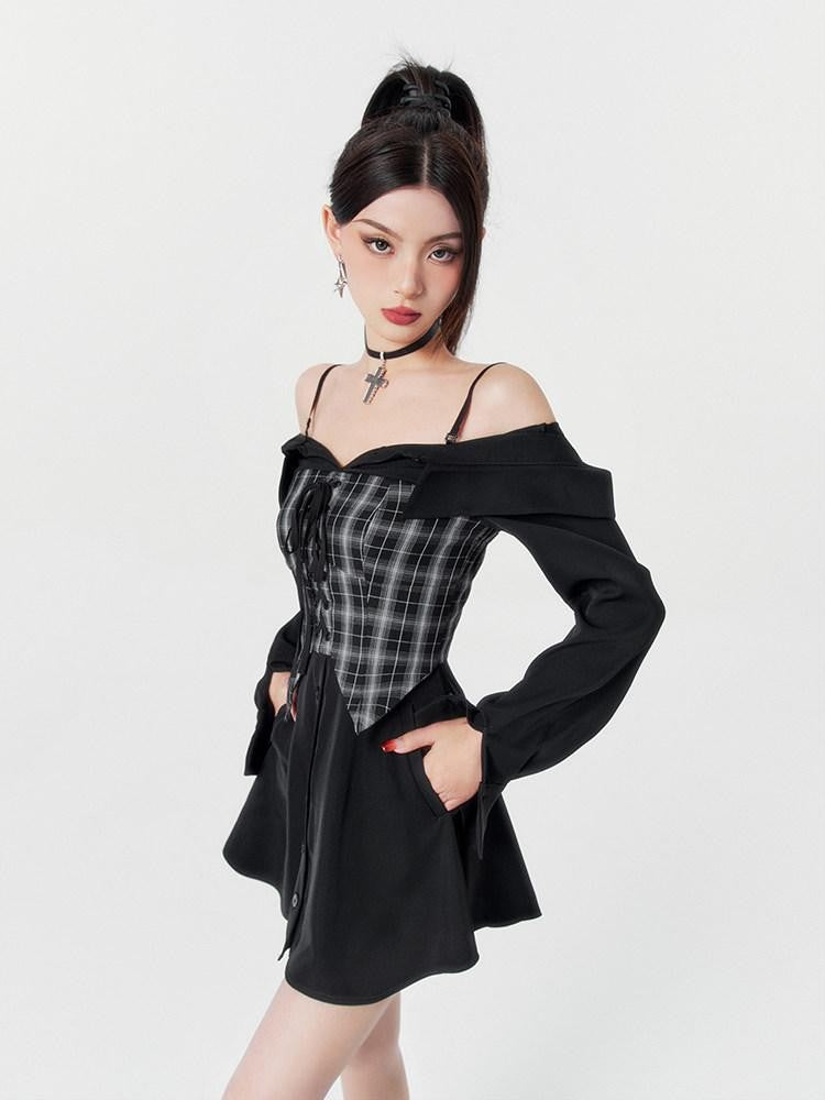 VOCK Black Plaid Faux Two Piece Waist Cinched Women's Slip Mini Dresses
