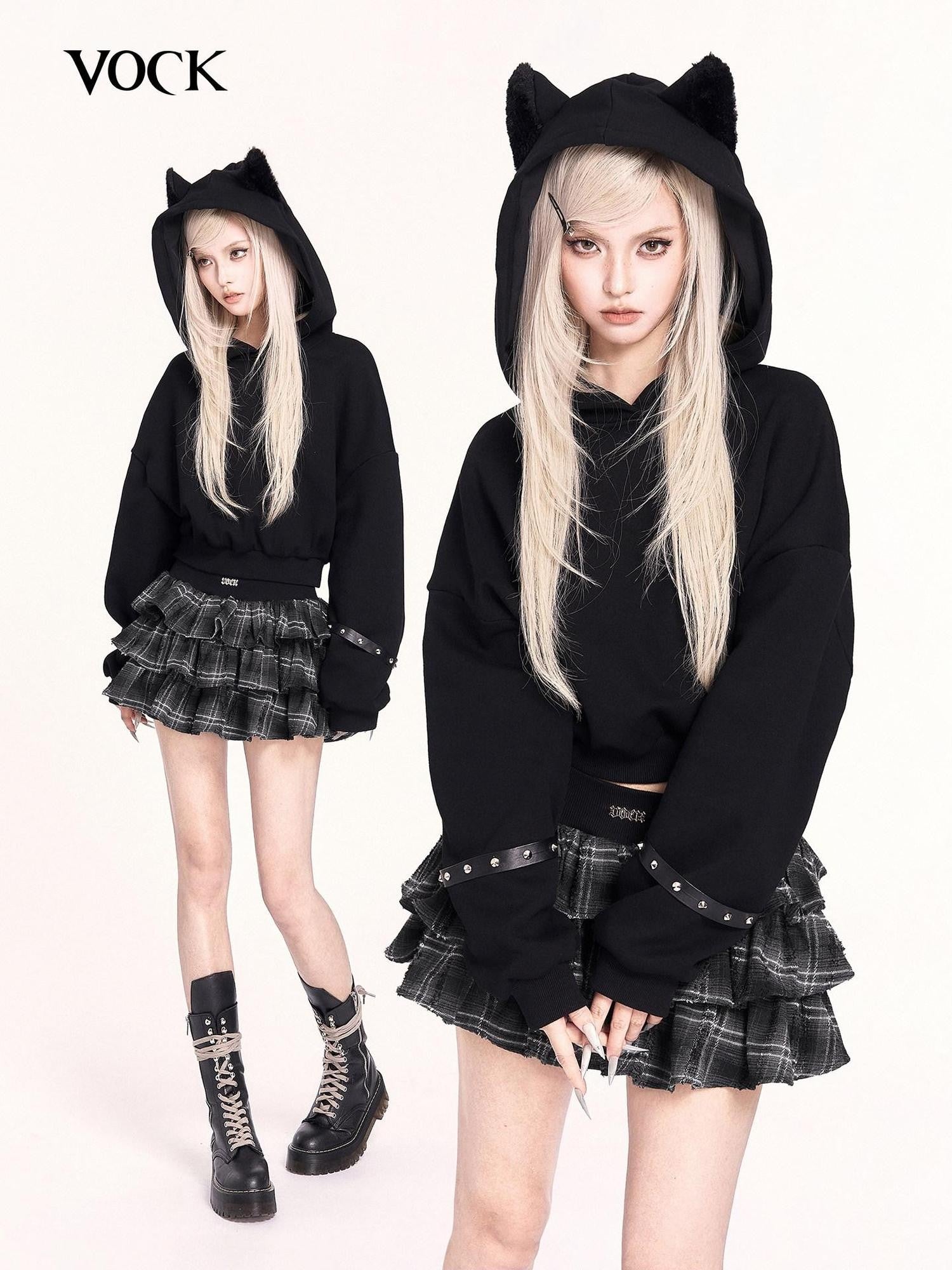 VOCK Black Plush Cat Ears 3d Ribbed Short Women's Poly Cotton Hoodies