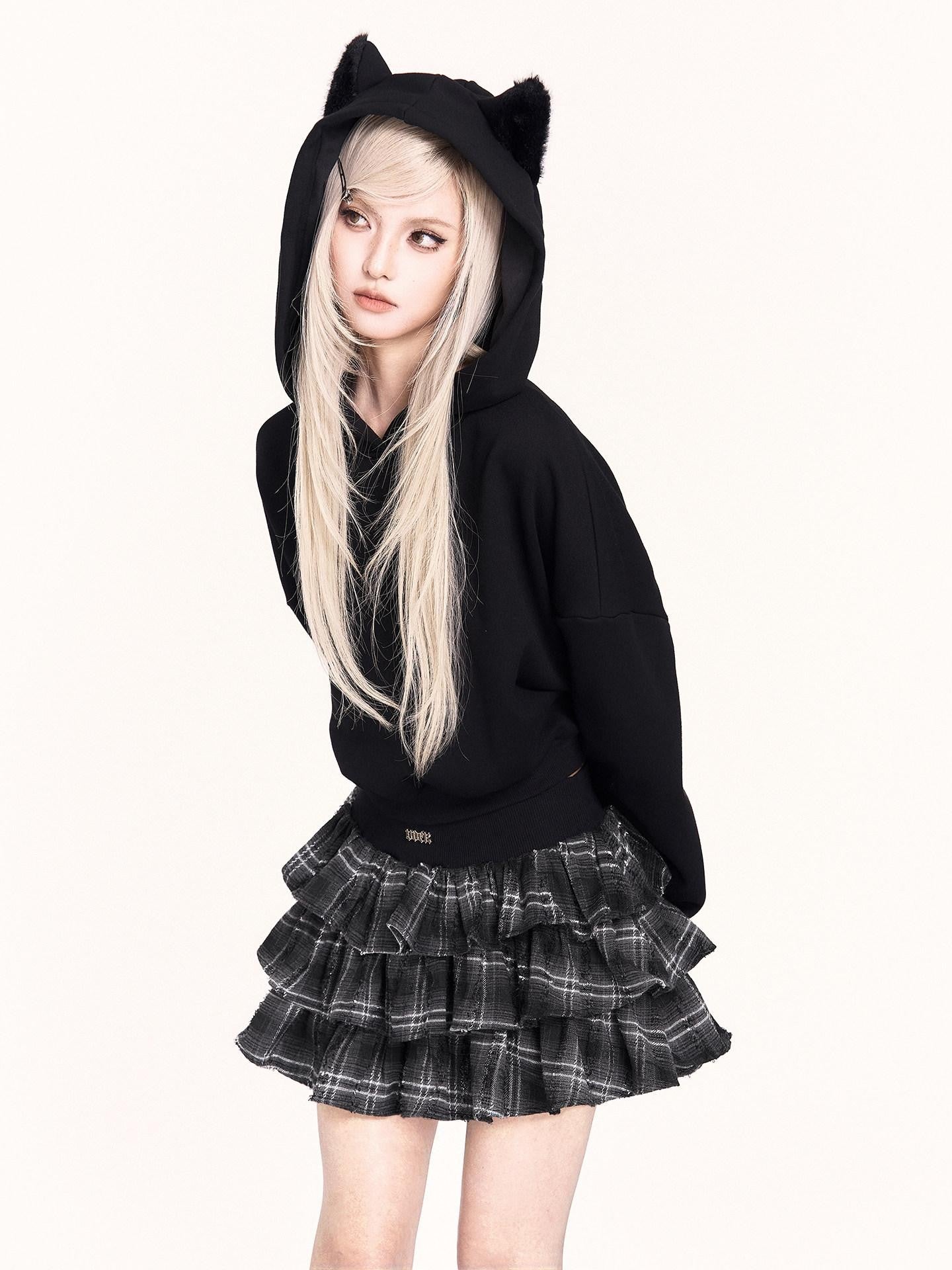 VOCK Black Plush Cat Ears 3d Ribbed Short Women's Poly Cotton Hoodies