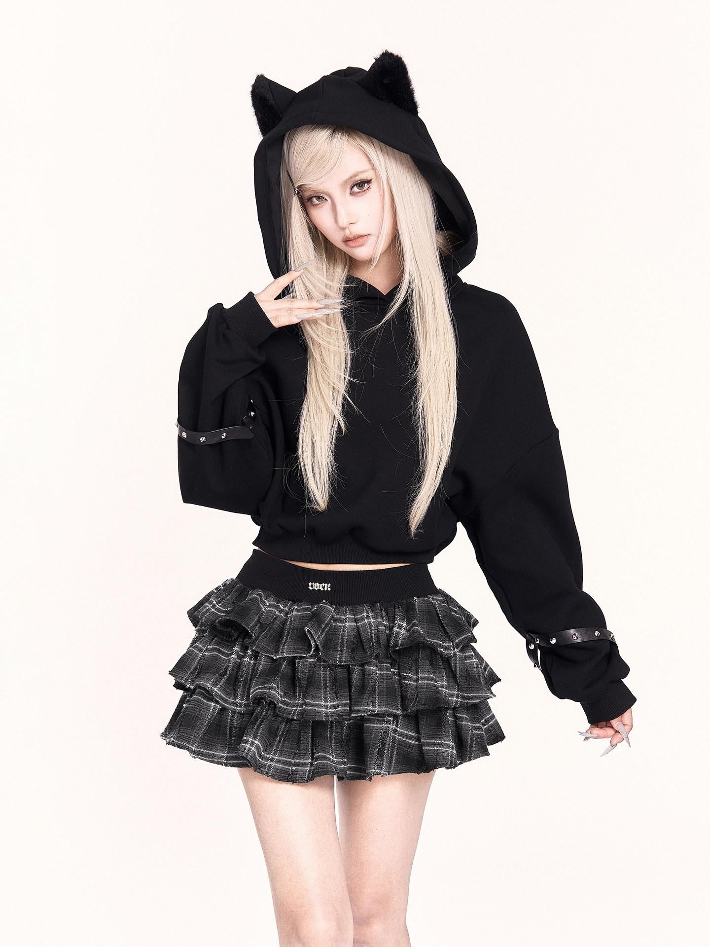 VOCK Black Plush Cat Ears 3d Ribbed Short Women's Poly Cotton Hoodies