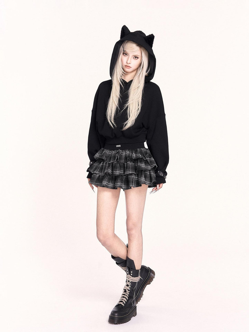 VOCK Black Plush Cat Ears 3d Ribbed Short Women's Poly Cotton Hoodies