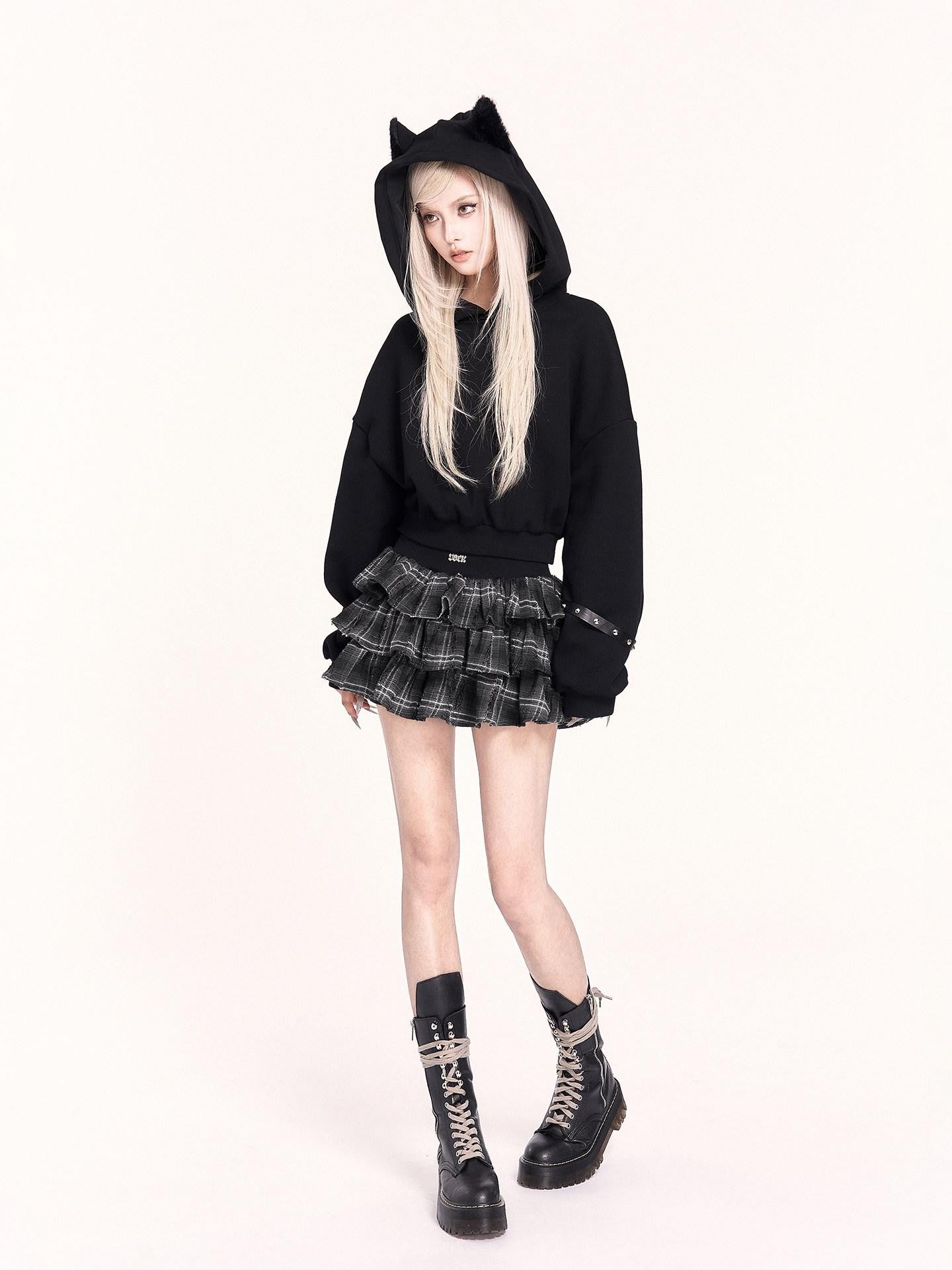VOCK Black Plush Cat Ears 3d Ribbed Short Women's Poly Cotton Hoodies