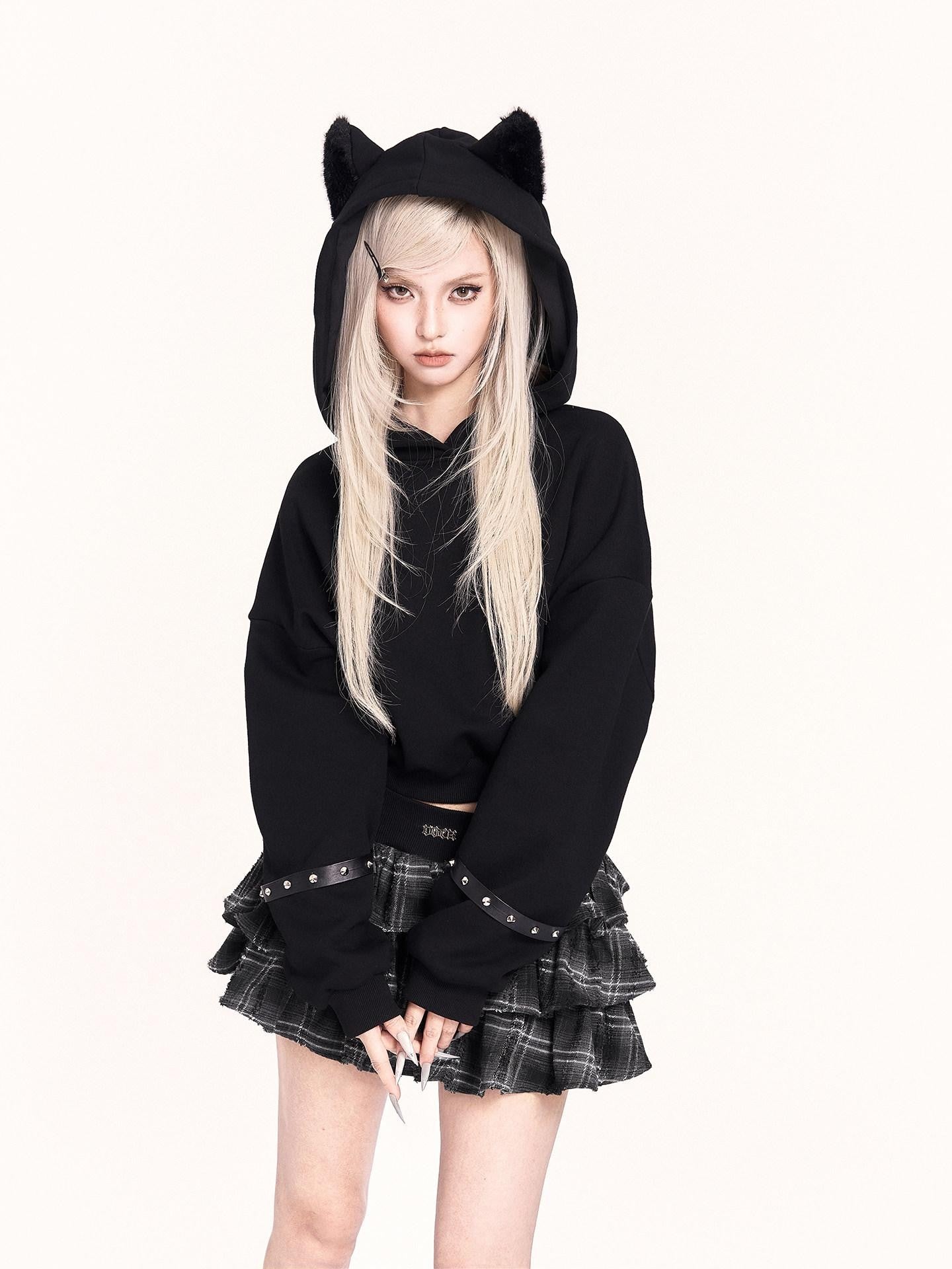 VOCK Black Plush Cat Ears 3d Ribbed Short Women's Poly Cotton Hoodies