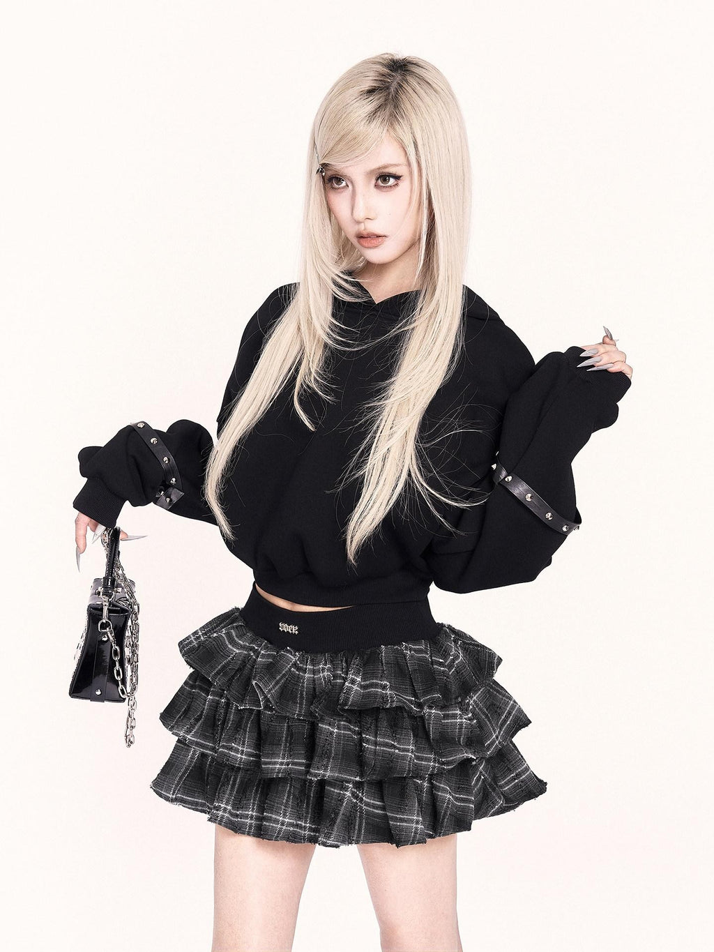 VOCK Black Plush Cat Ears 3d Ribbed Short Women's Poly Cotton Hoodies