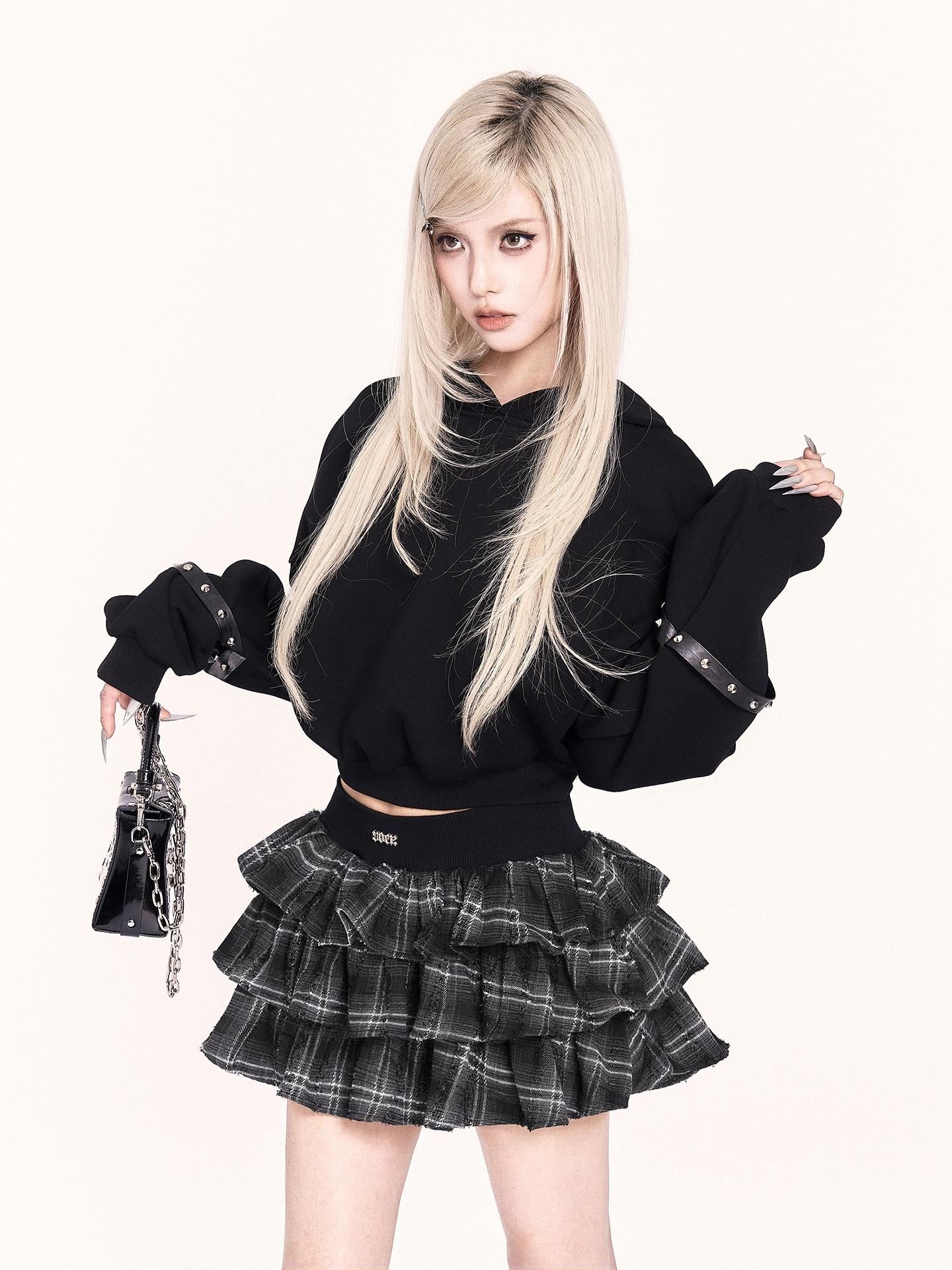 VOCK Black Plush Cat Ears 3d Ribbed Short Women's Poly Cotton Hoodies