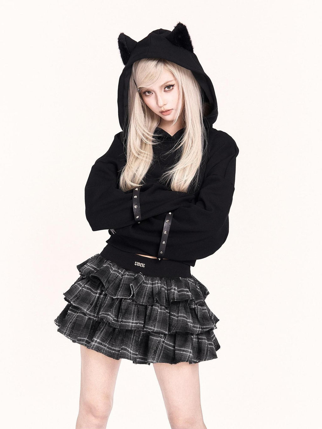 VOCK Black Plush Cat Ears 3d Ribbed Short Women's Poly Cotton Hoodies