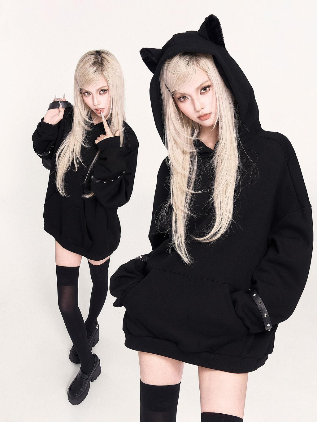 VOCK Black Plush Cat Ears 3d Ribbed Short Women's Poly Cotton Hoodies