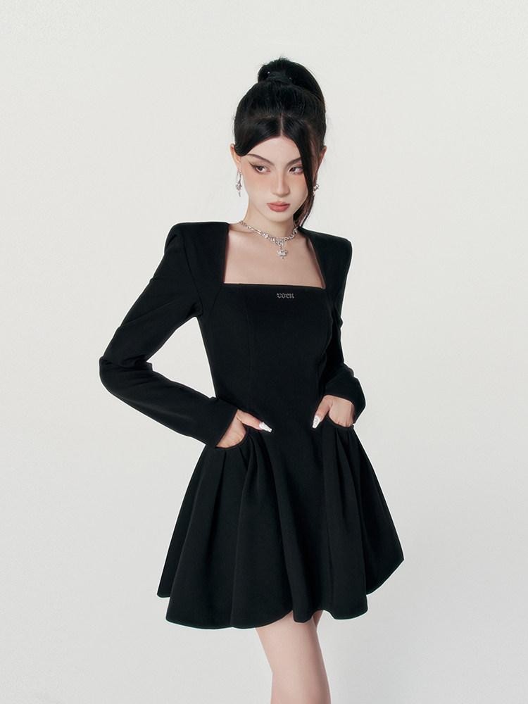 VOCK Black Square Neck Puff A Line High Waist Women's Polyester Corset Mini Dresses