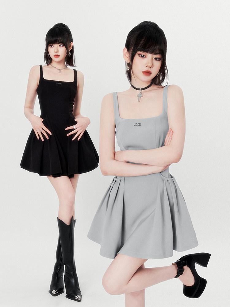 VOCK Black Square Neck Puff A Line High Waist Women's Polyester Corset Mini Dresses