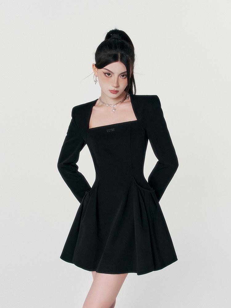 VOCK Black Square Neck Puff A Line High Waist Women's Polyester Corset Mini Dresses